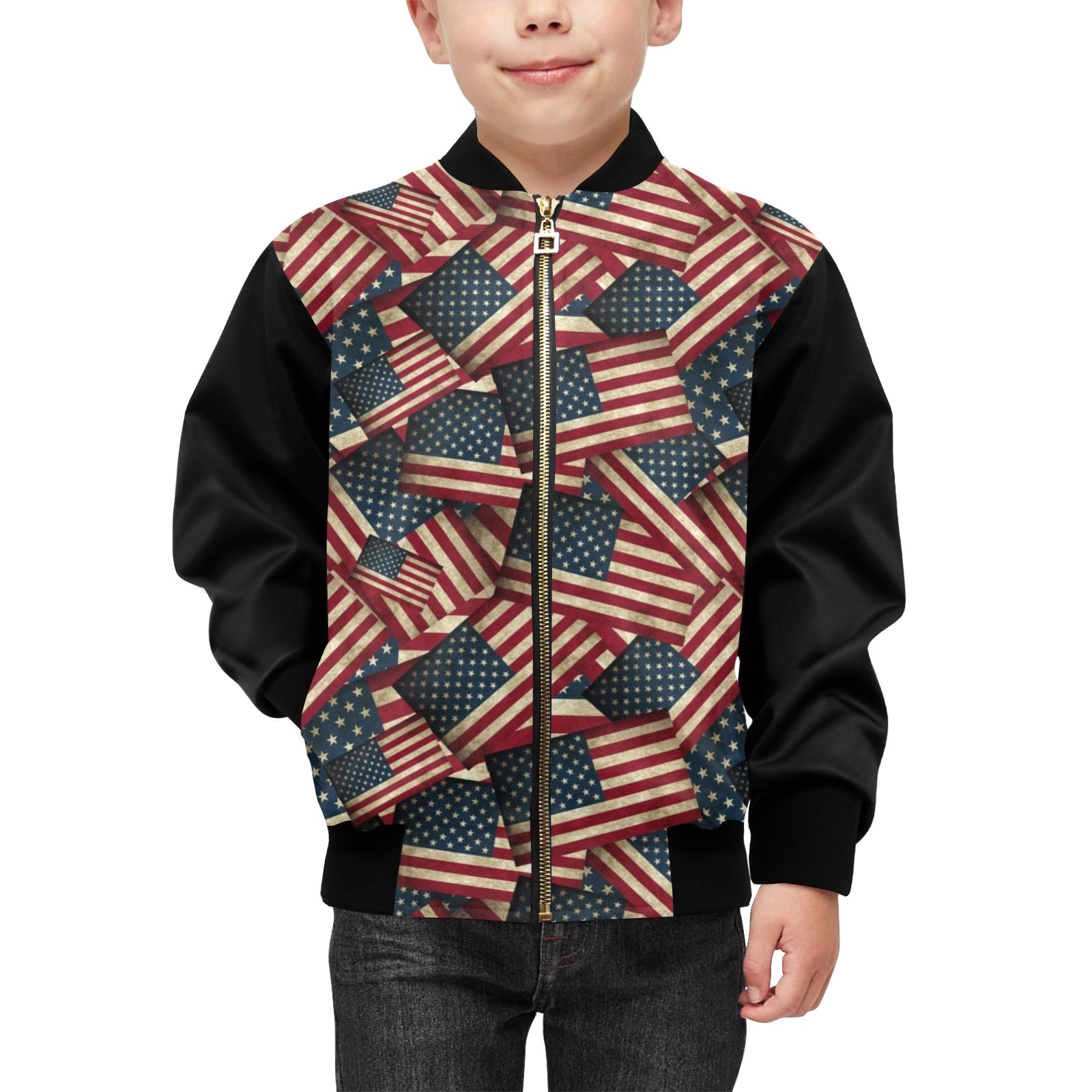 Patriotic USA American Flag Art Vest Style Kids' Bomber Jacket with Pockets (Model H40)
