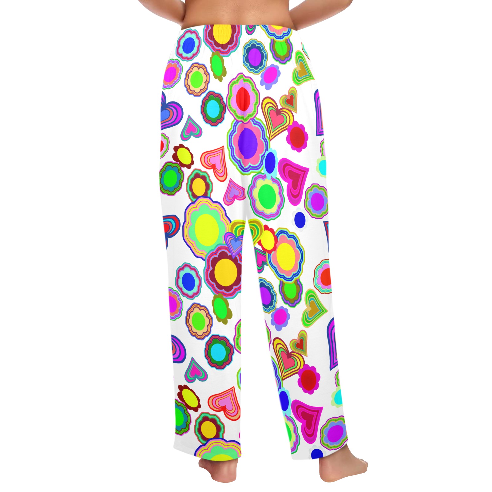 Groovy Hearts and Flowers White Women's Pajama Trousers without Pockets