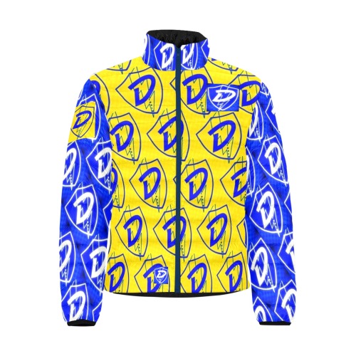 DIONIO Clothing - Big D Shield Puffy Jacket (Blue & Yellow,Blue & White Logo) Men's Stand Collar Padded Jacket (Model H41)
