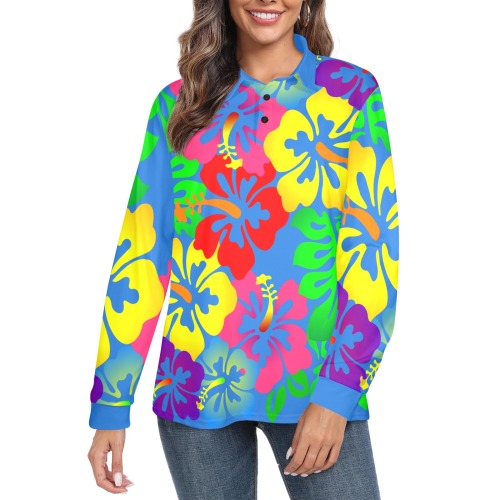 Hibiscus Hawaiian Flowers / Blue Women's Long Sleeve Polo Shirt (Model T73)