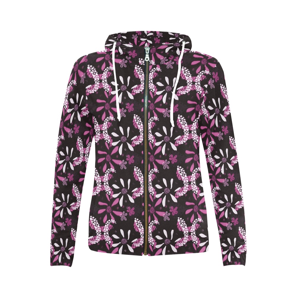 Unique Stylish in Pink All Over Print Full Zip Hoodie for Women (Model H14)