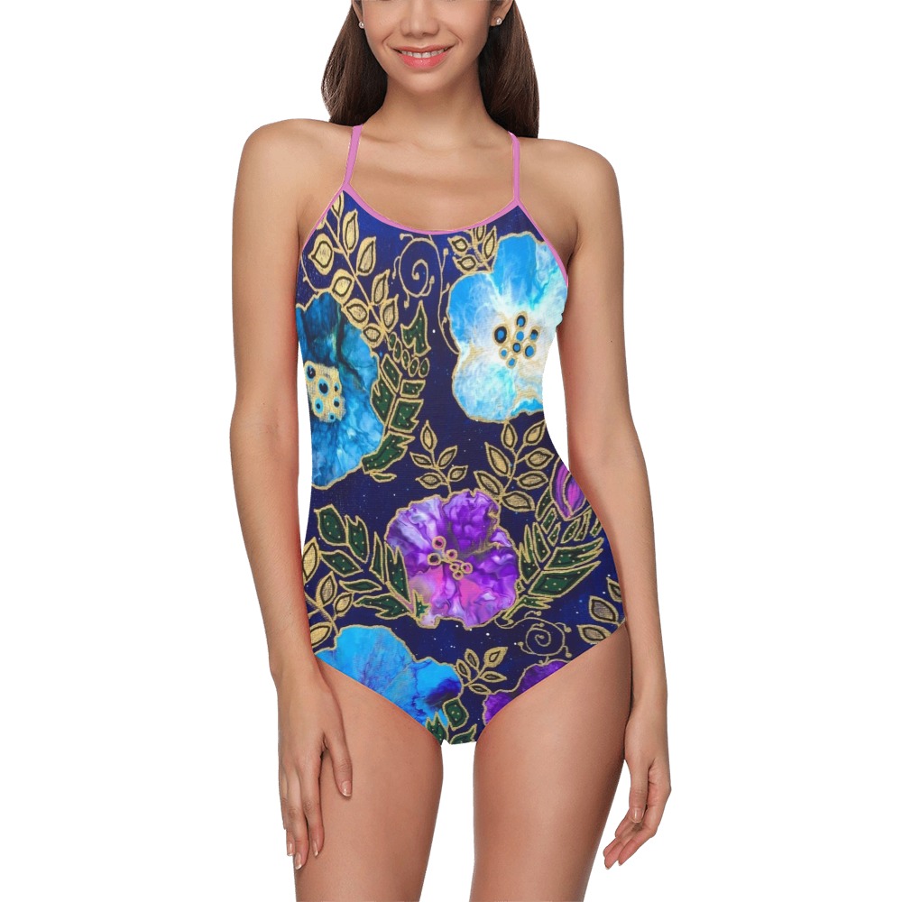 Dark Blue Floral Strap Swimsuit ( Model S05)