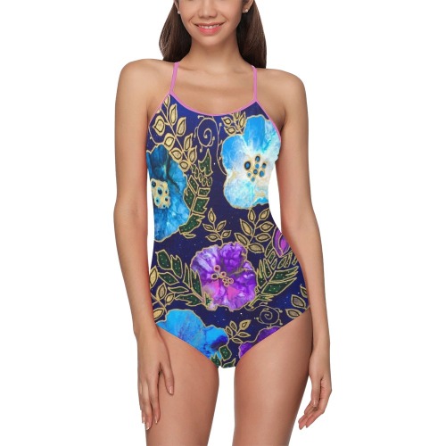 Dark Blue Floral Strap Swimsuit ( Model S05)