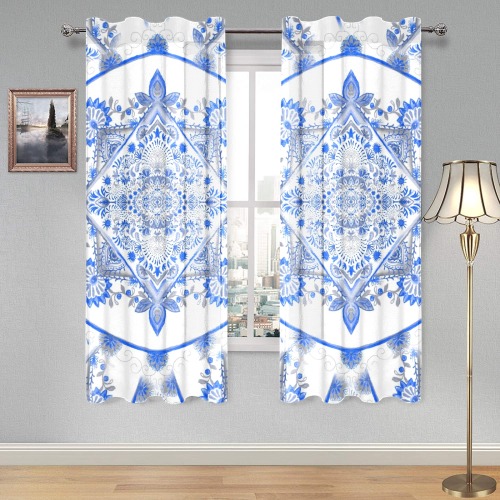 curls watercolor 3- blue Gauze Curtain 28"x63" (Two-Piece)