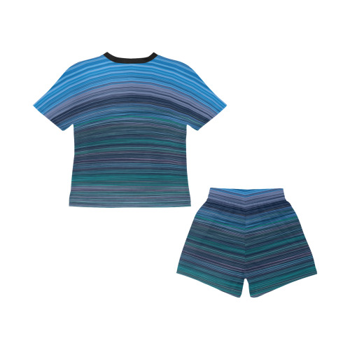Abstract Blue Horizontal Stripes Big Girls' Short Pajama Set