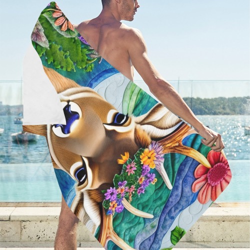 Boho Aesthetic Deer Simulated Quilt Artwork Beach Towel 30"x 60"