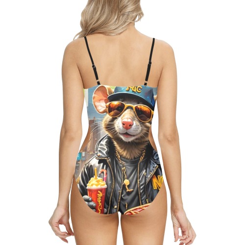 HOT DOG EATING NYC RAT 7 Spaghetti Strap Cut Out Sides Swimsuit (Model S28)