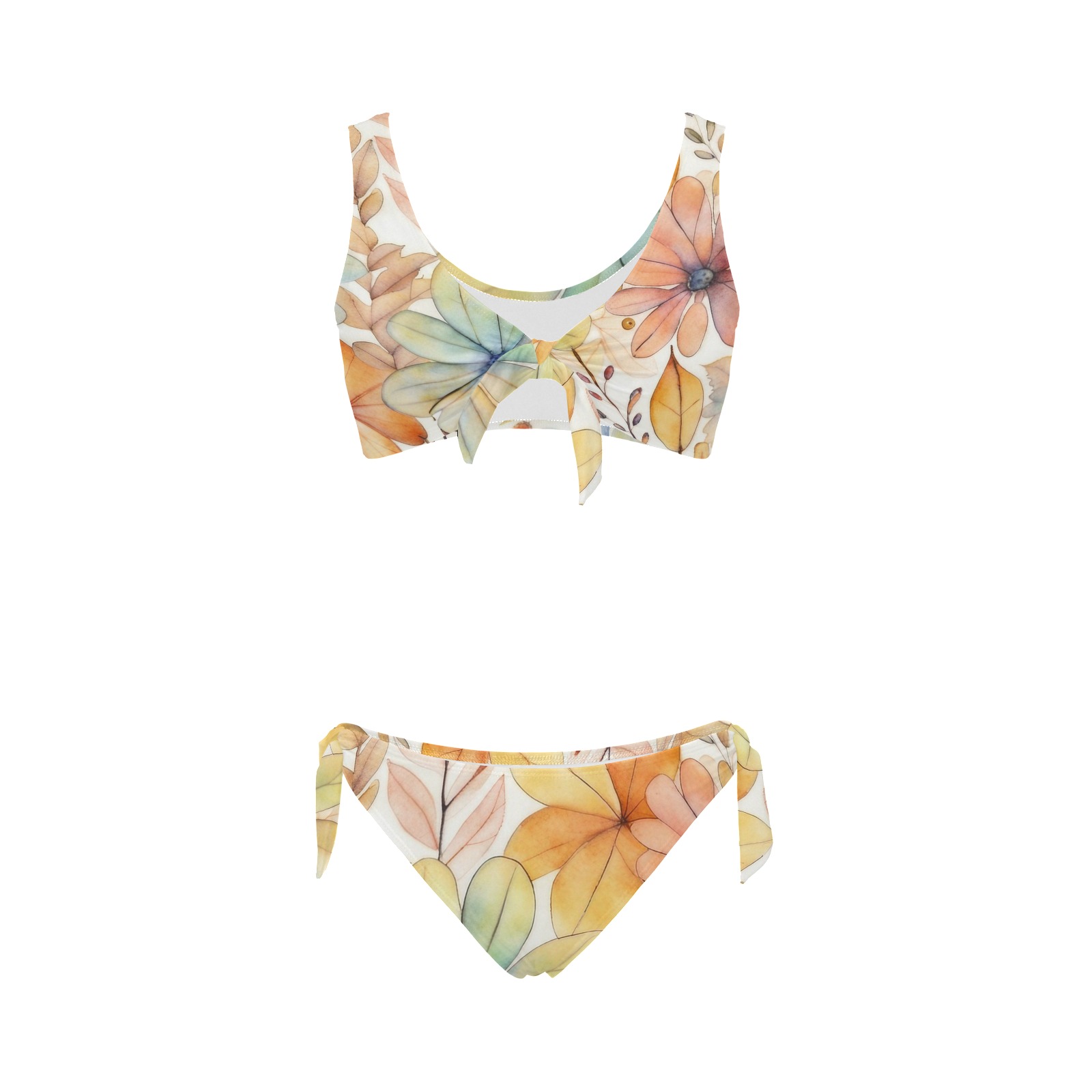 Watercolor Floral 2 Bow Tie Front Bikini Swimsuit (Model S38)