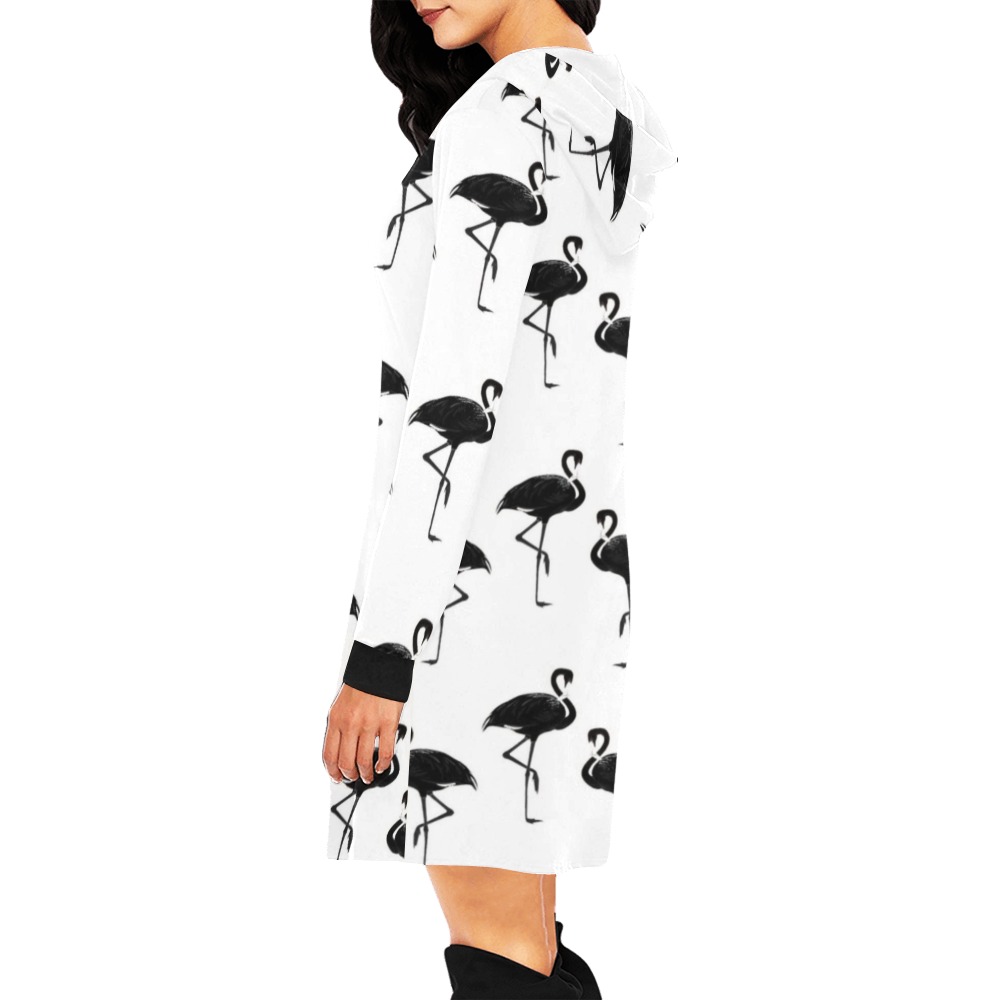 Flamingos Pattern Black and White All Over Print Hoodie Mini Dress (Model H27)