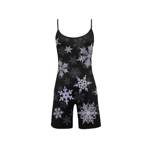 Snowflakes Winter Christmas pattern on black Women's Short Yoga Bodysuit