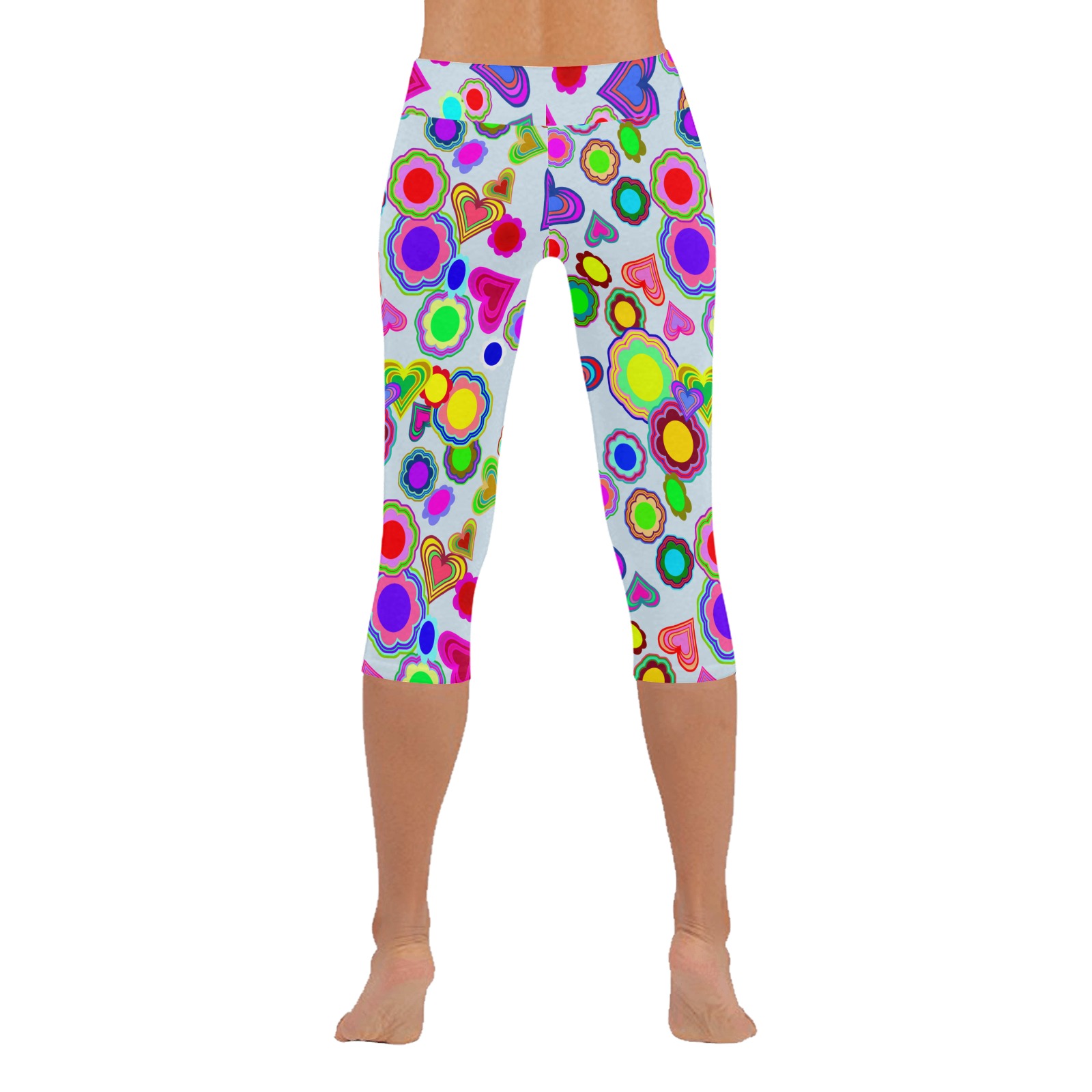Groovy Hearts and Flowers Blue Women's Low Rise Capri Leggings (Invisible Stitch) (Model L08)