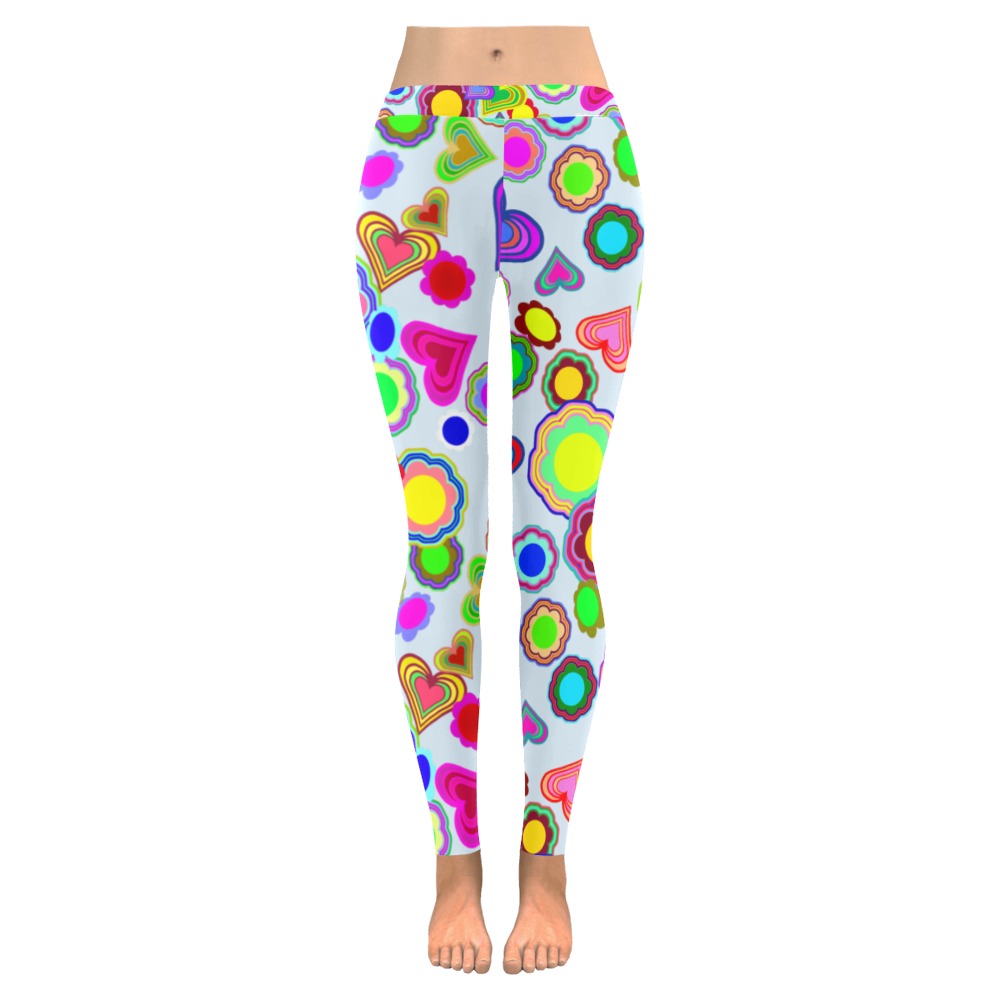 Groovy Hearts and Flowers Blue Women's Low Rise Leggings (Invisible Stitch) (Model L05)