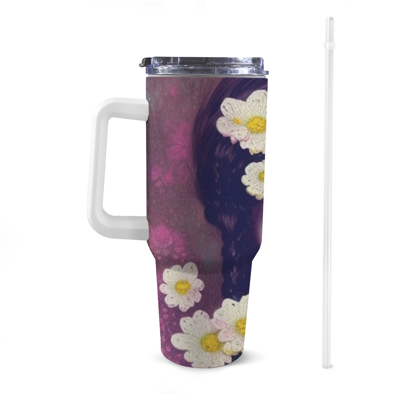 pretty victorian girl with white  knit flowers 40oz Tumbler with Handle