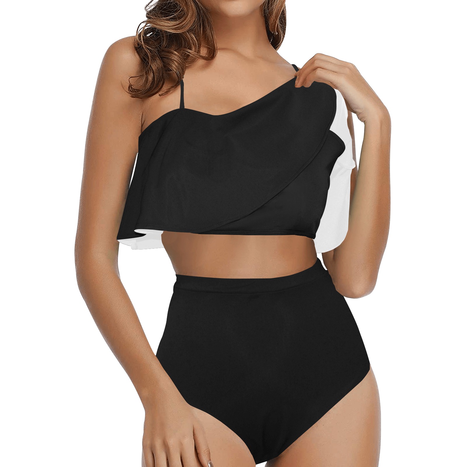 BLACK High Waisted Ruffle Bikini Set (Model S13)