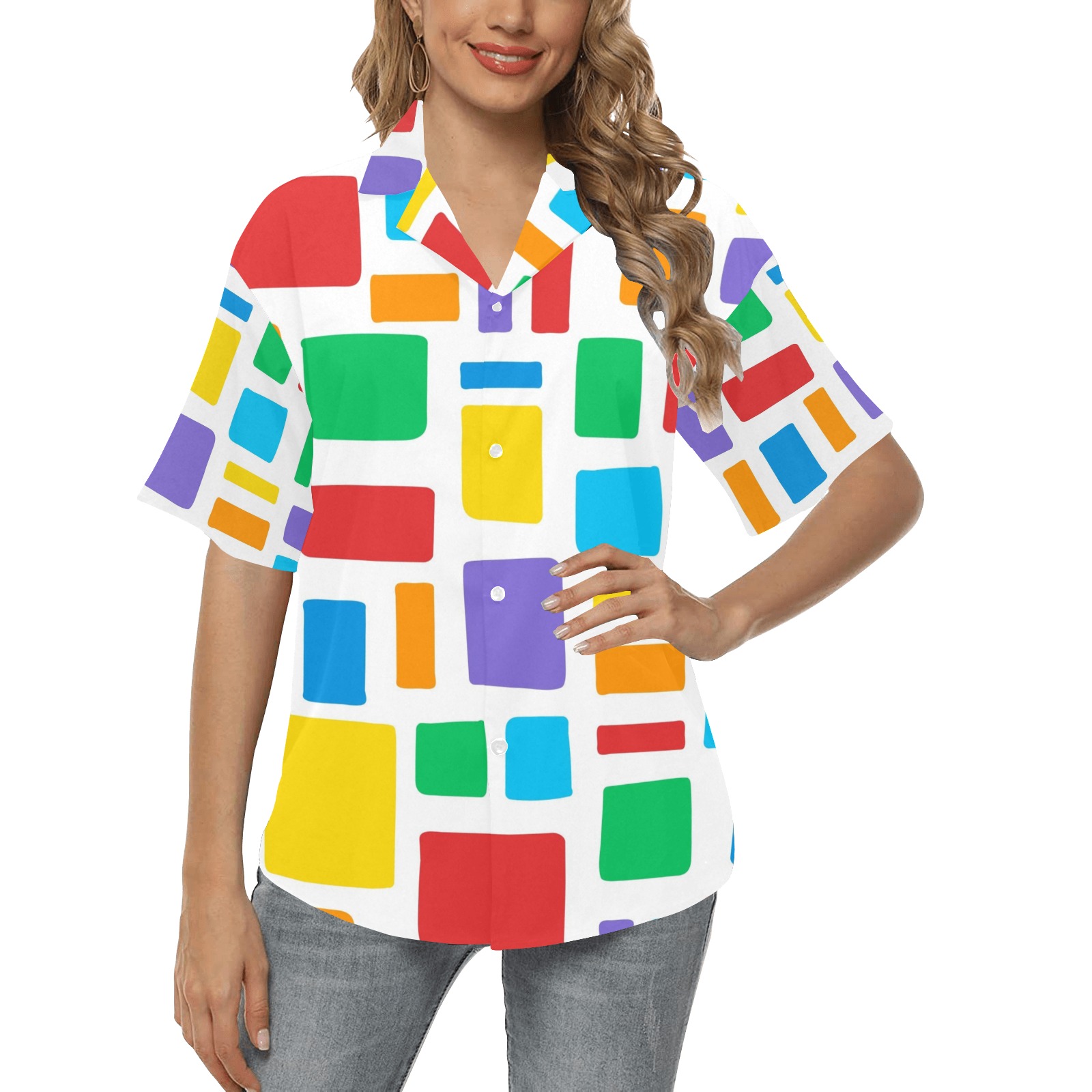 Color Block Courtesy of Raw Pixel All Over Print Hawaiian Shirt for Women (Model T58)