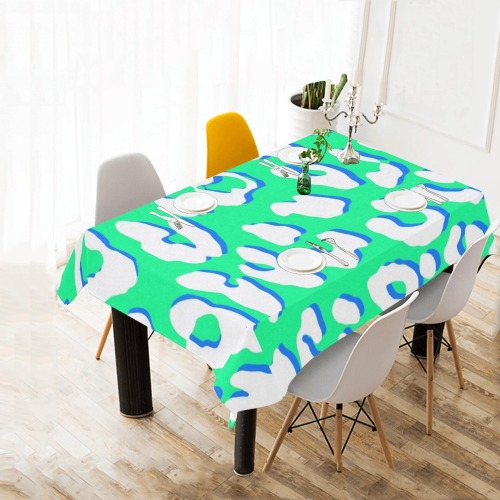 White Leopard Print Green Blue Cotton Linen Tablecloth 60" x 90"