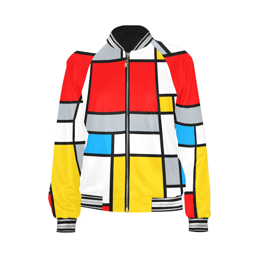 Mondrian Style Color Composition Geometric Retro Art All Over Print Bomber Jacket for Women (Model H21)