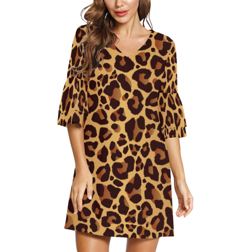 Leopard Pattern Half Sleeves V-Neck Mini Dress (Model D63)
