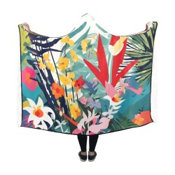 Tropical plants and flowers on beige abstract art. Hooded Blanket 60''x50''