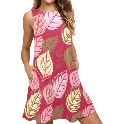 Trendy Leaves Sleeveless A-Line Pocket Dress (Model D57)