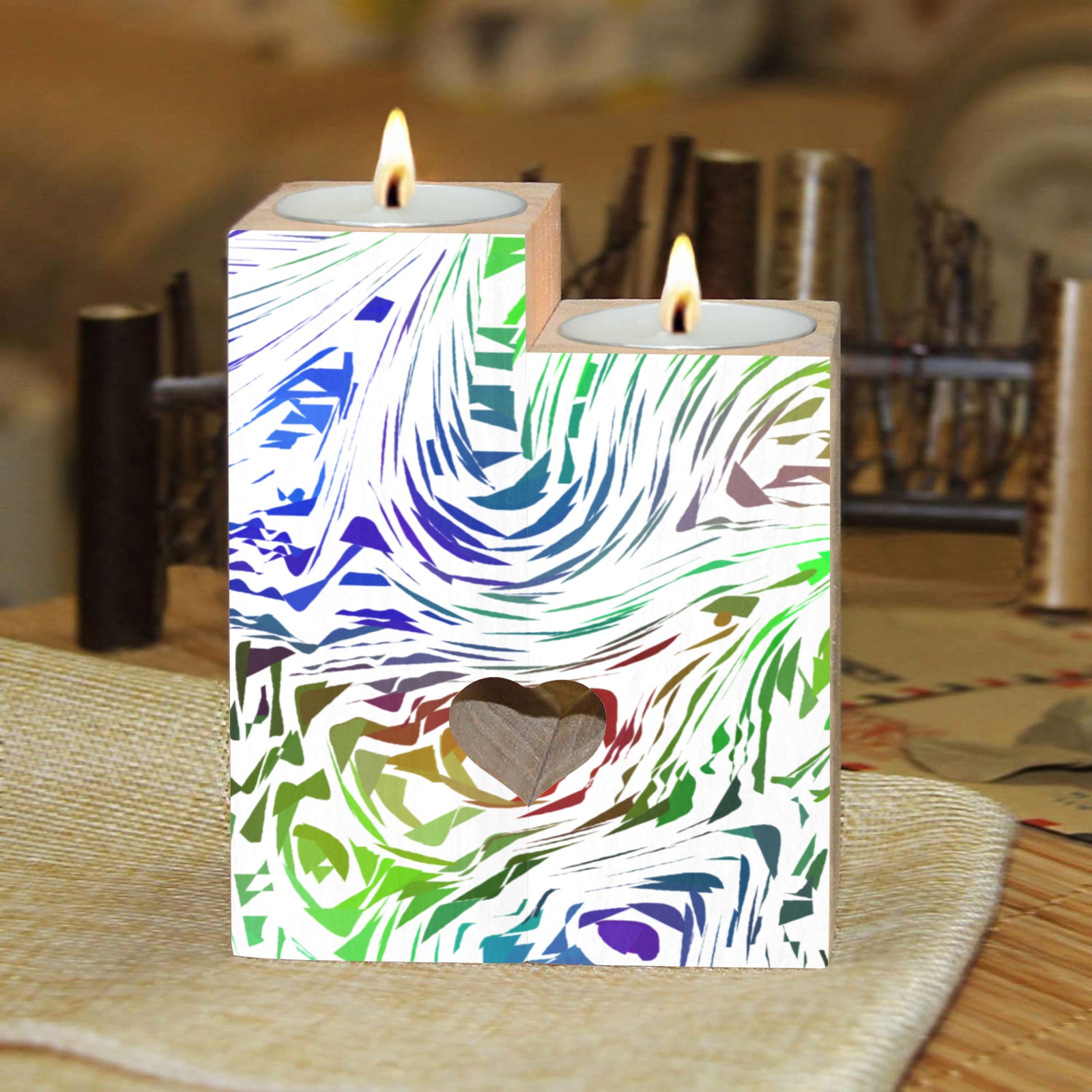 Cutout Shapes on White Abstract Wooden Candle Holder (Without Candle)