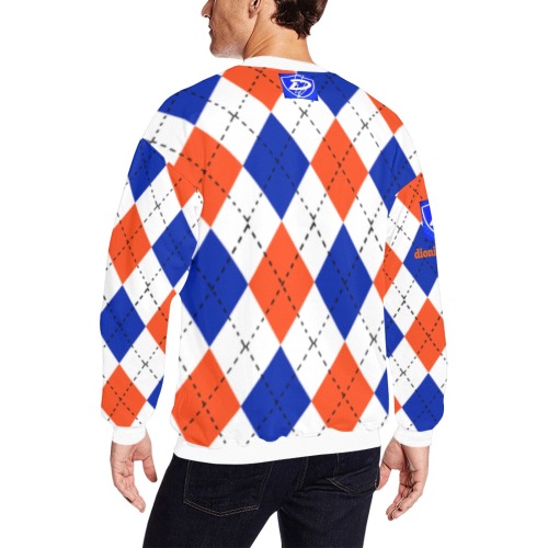 DIONIO Clothing - Argyle Orange,Blue & White Sweater (Blue D-Shield Logo) Men's Oversized Fleece Crew Sweatshirt (Model H18)