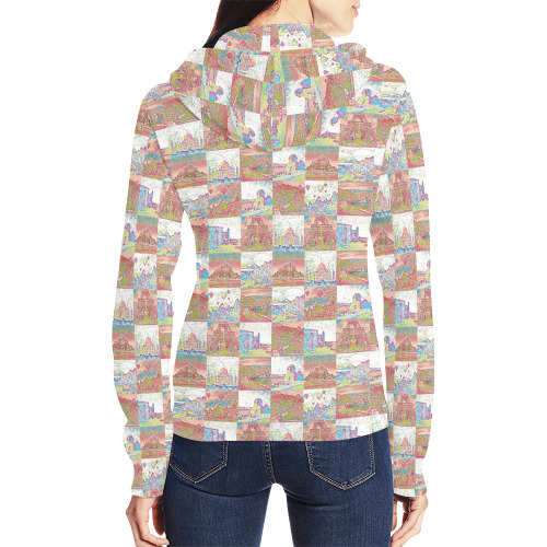 Big Pink and White World Travel Collage Pattern All Over Print Full Zip Hoodie for Women (Model H14)