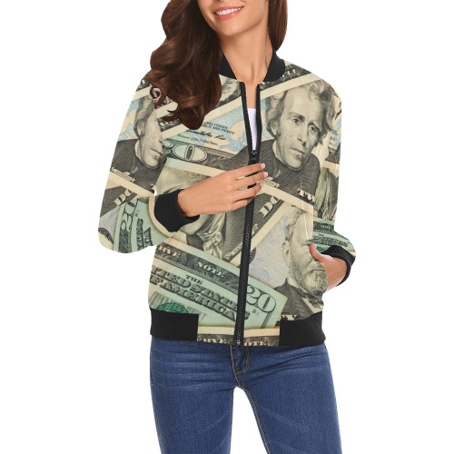 US PAPER CURRENCY All Over Print Bomber Jacket for Women (Model H19)