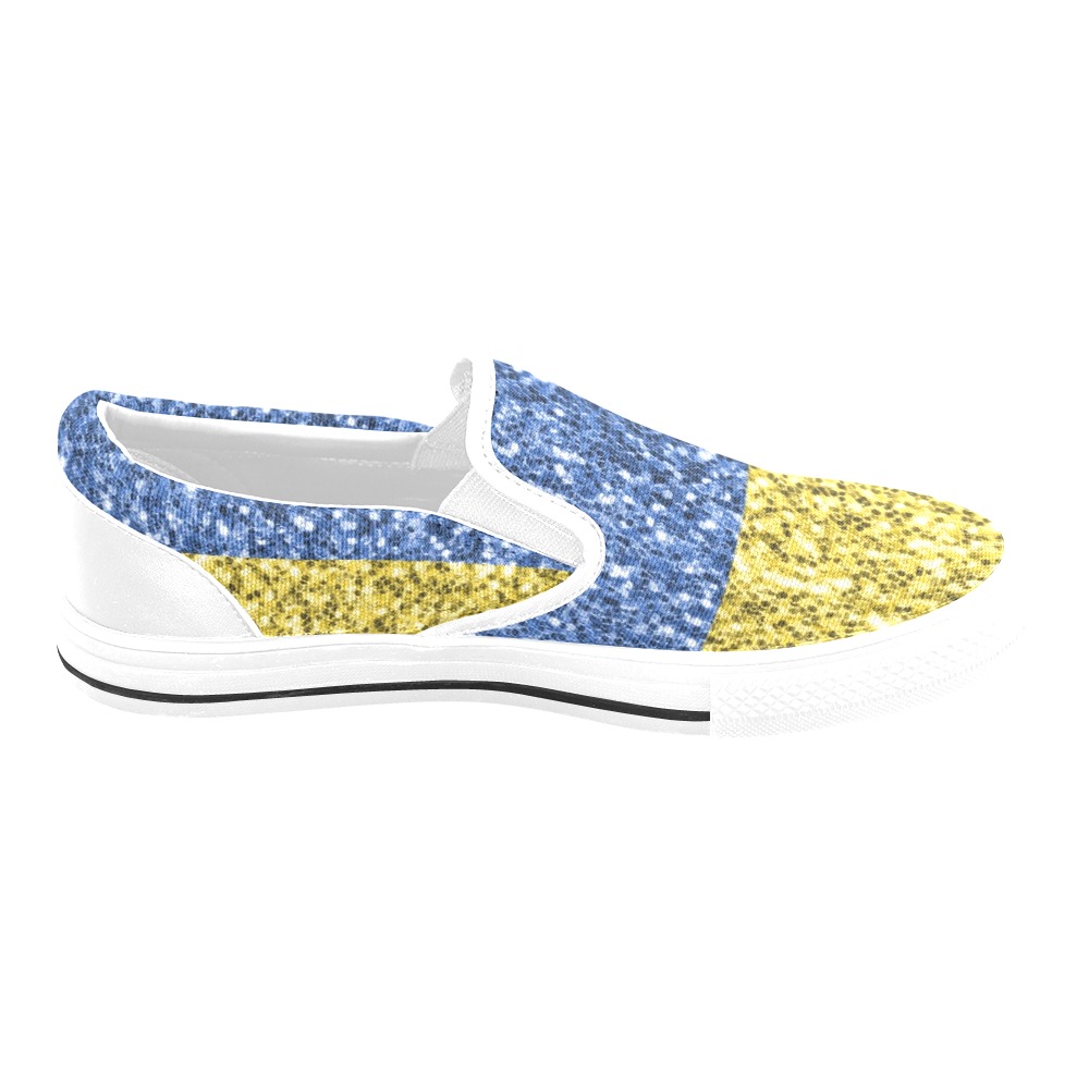 Blue yellow Ukraine flag glitter faux sparkles Women's Slip-on Canvas Shoes (Model 019)