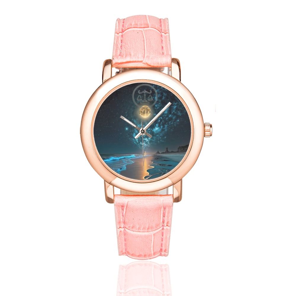 Moon with Libra Women's Rose Gold Leather Strap Watch(Model 201)