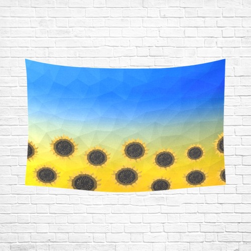 Ukraine yellow blue geometric mesh pattern Sunflowers Cotton Linen Wall Tapestry 90"x 60"