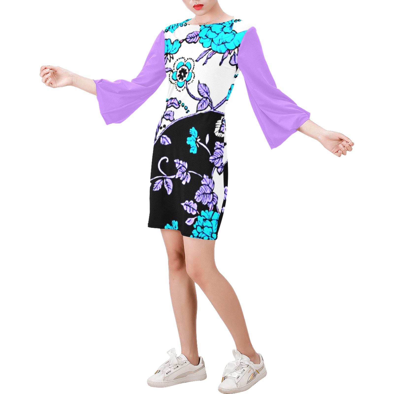 Lavender Turquoise Floral Swirl Pattern Bell Sleeve Dress (Model D52)