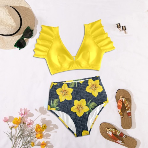 yellow flora print copy Women's Ruffle Sleeve Bikini Swimsuit (Model S42)