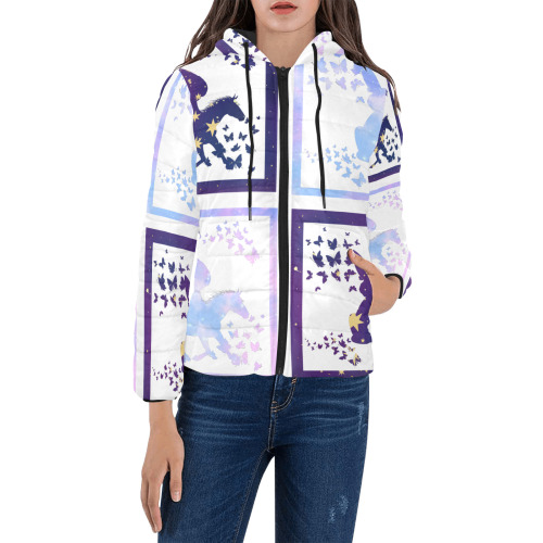 Bunny and Pegasus Together in Blue Patchwork Design Women's Padded Hooded Jacket (Model H46)