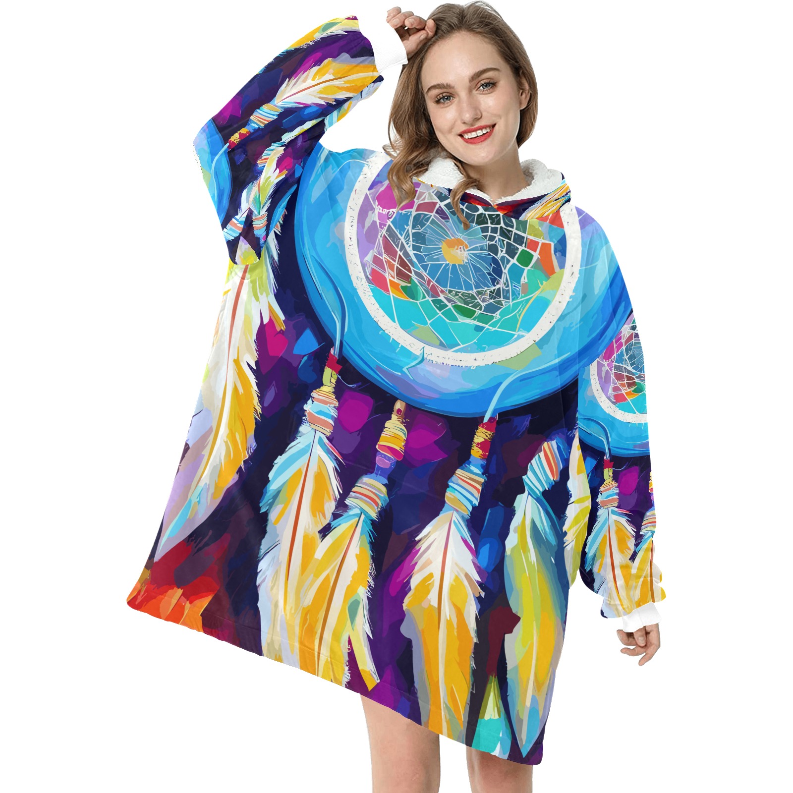 Blue dreamcatcher, purple background colorful art. Blanket Hoodie for Women