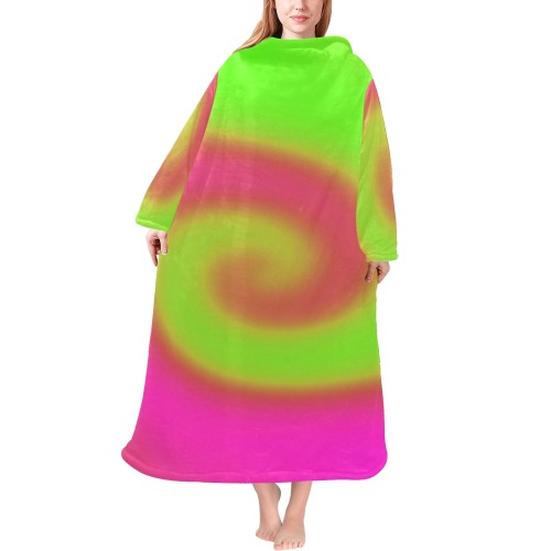 Swirl Green Pink Blanket Robe with Sleeves for Adults