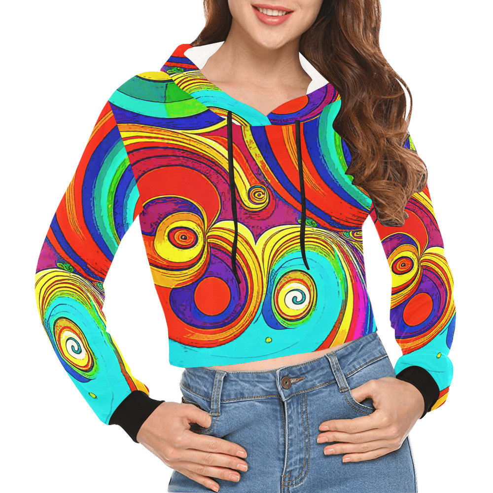 Colorful Groovy Rainbow Swirls All Over Print Crop Hoodie for Women (Model H22)