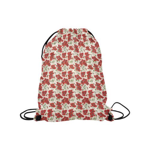 Red Poppy Flowers Vintage Floral Pattern Medium Drawstring Bag Model 1604 (Twin Sides) 13.8"(W) * 18.1"(H)