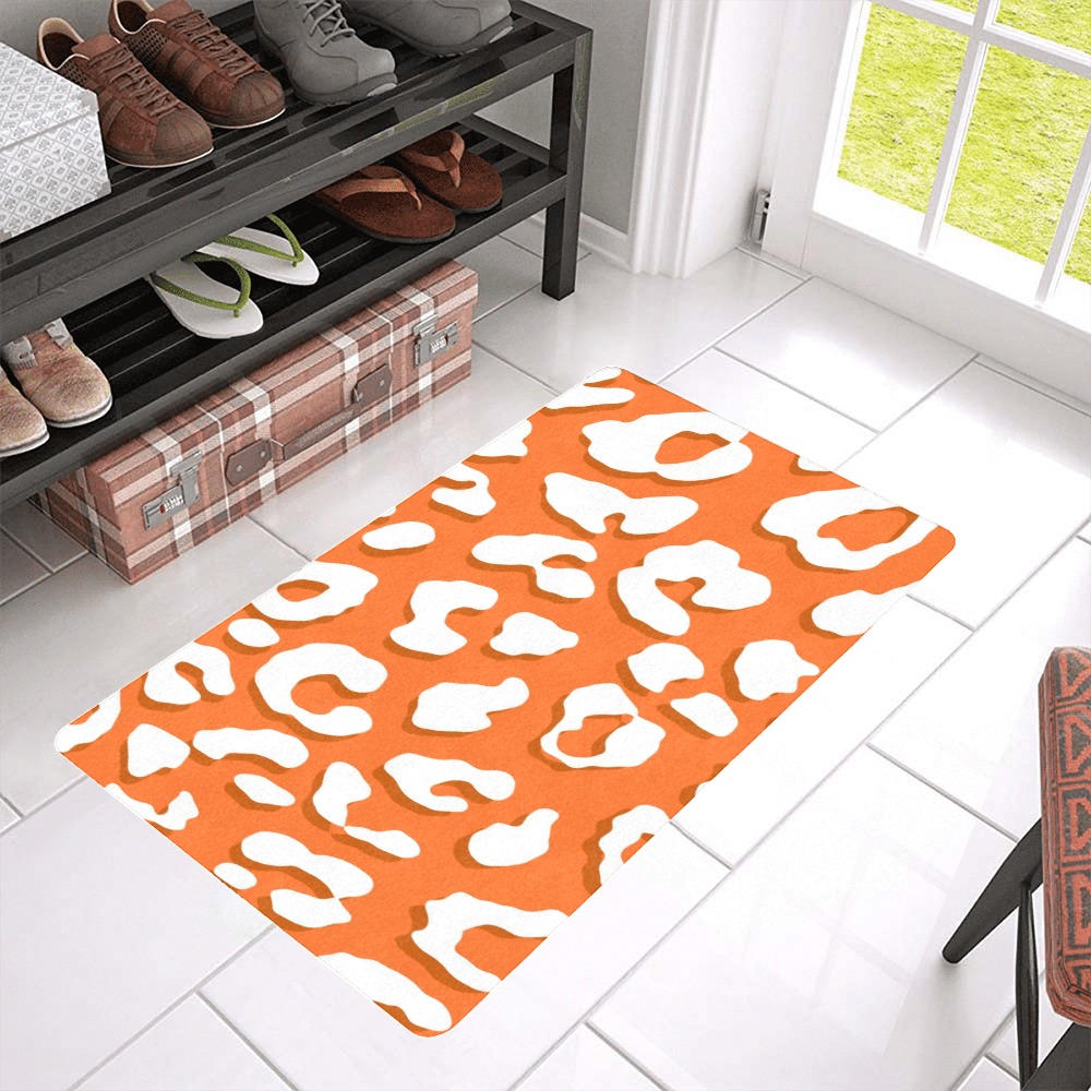 White Leopard Print Orange Doormat 30"x18" (Black Base)