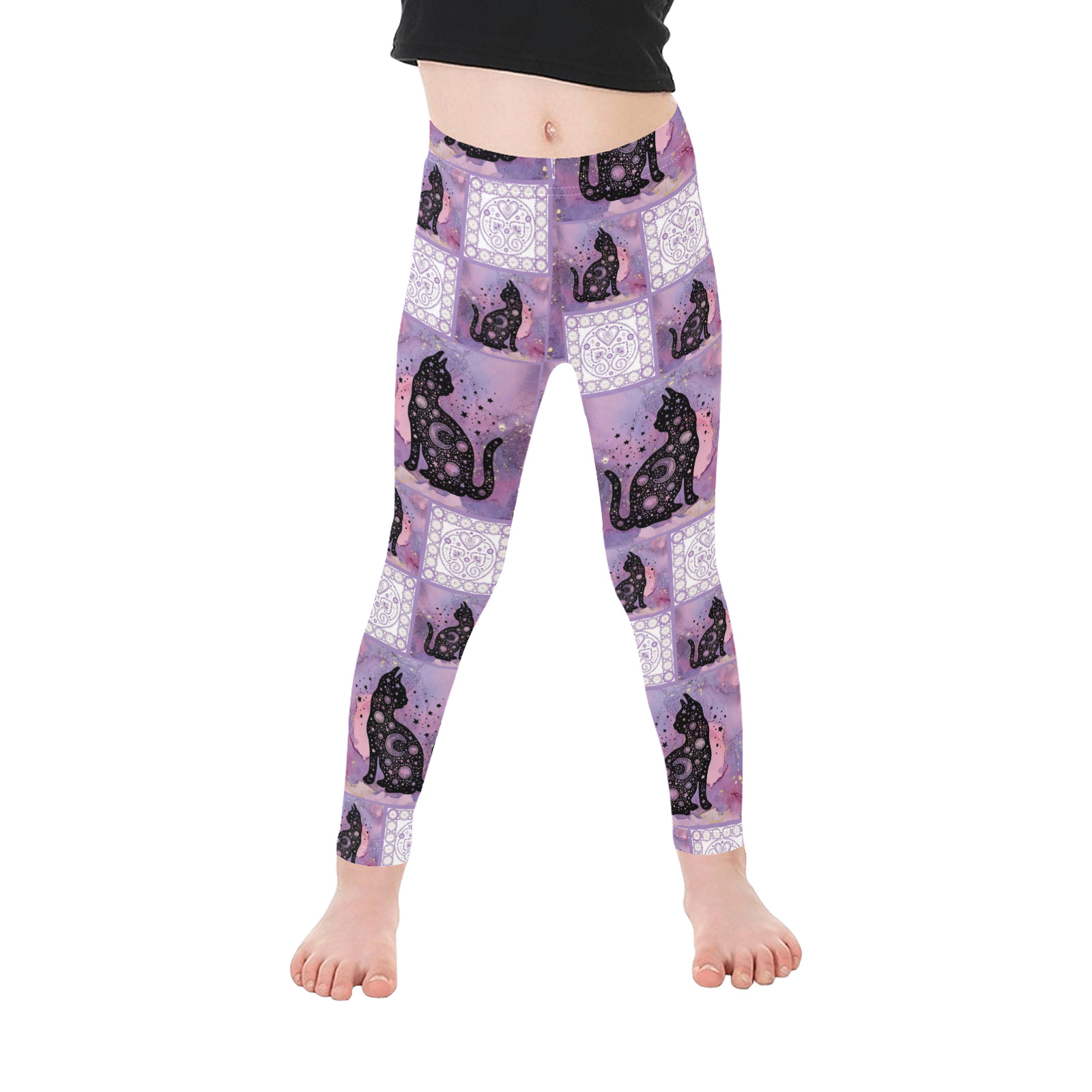 Purple Cosmic Cats Patchwork Pattern Kid's Ankle Length Leggings (Model L06)