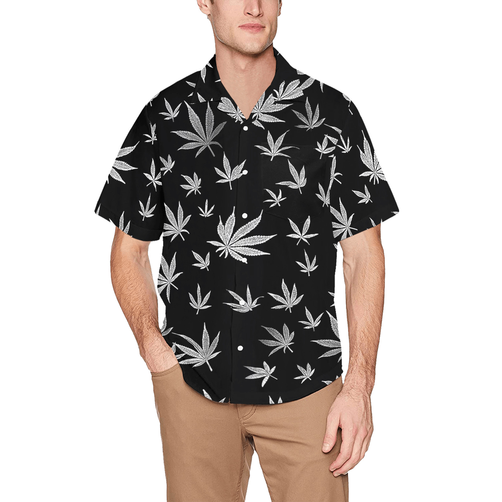 pot leaves black and white Hawaiian Shirt with Chest Pocket&Merged Design (T58)
