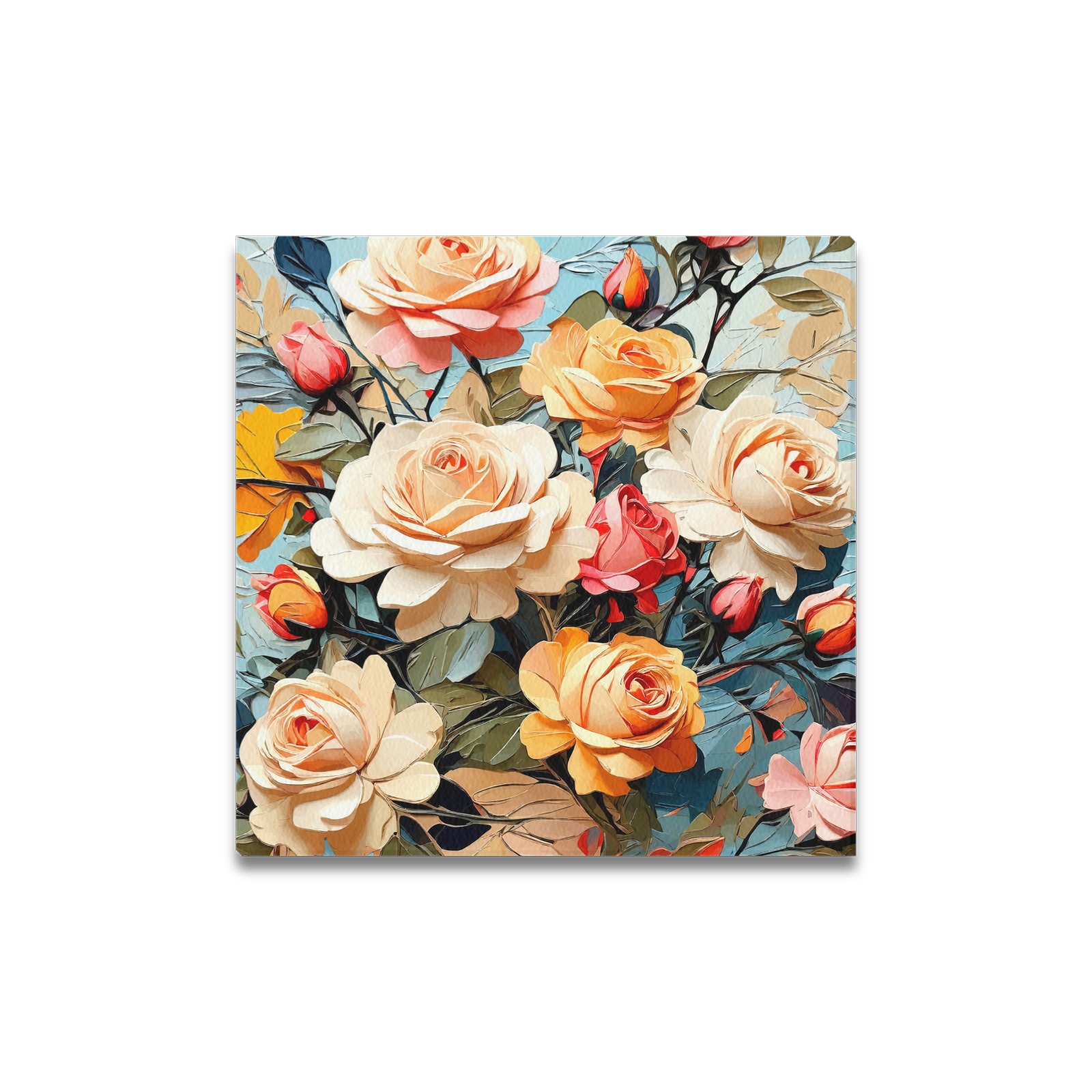 Chic bunch of beige rose flowers on blue oil art. Upgraded Canvas Print 16"x16"