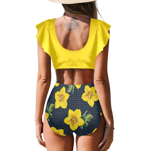 yellow flora print copy Women's Ruffle Sleeve Bikini Swimsuit (Model S42)