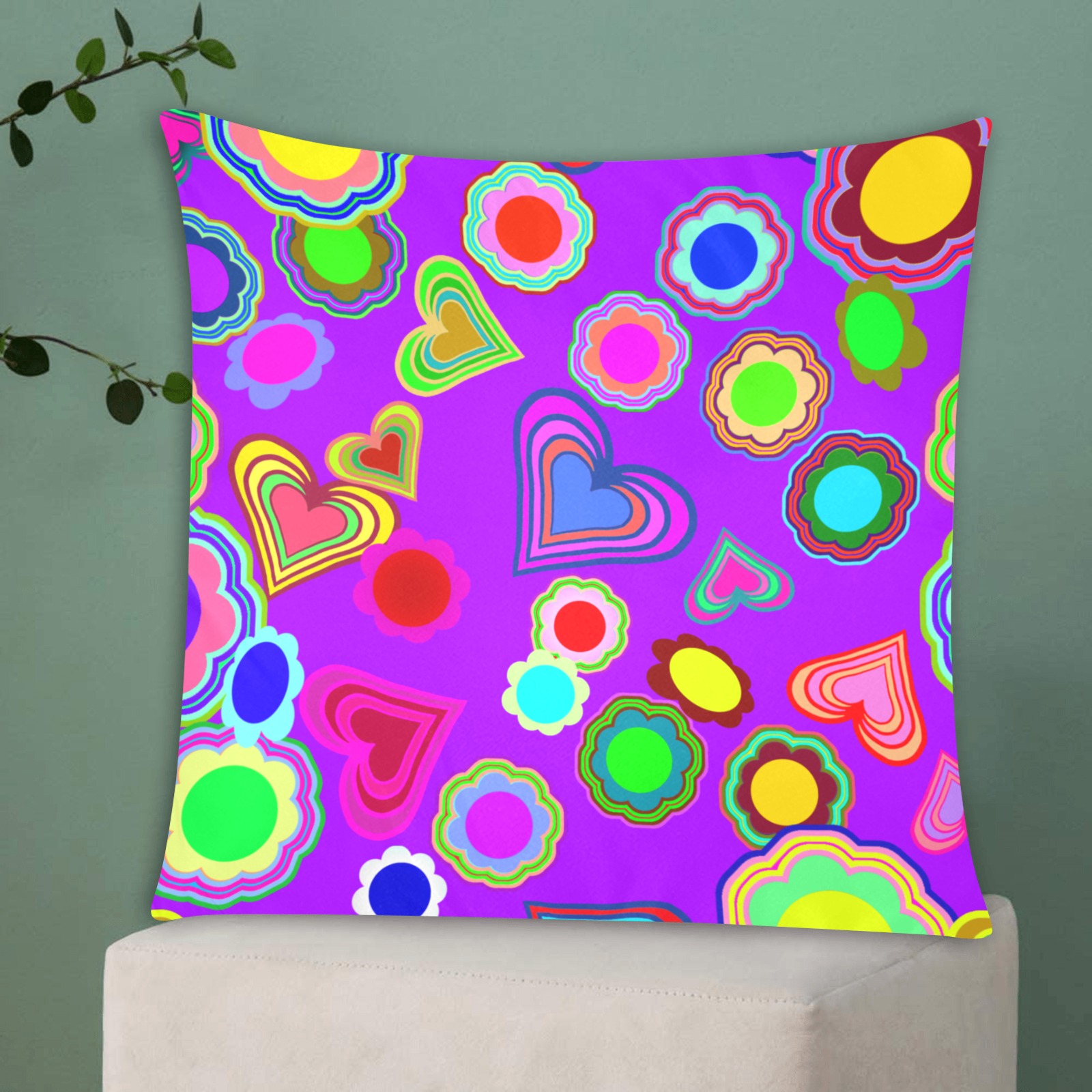 Groovy Hearts and Flowers Purple Custom Zippered Pillow Cases 20"x20" (Two Sides)