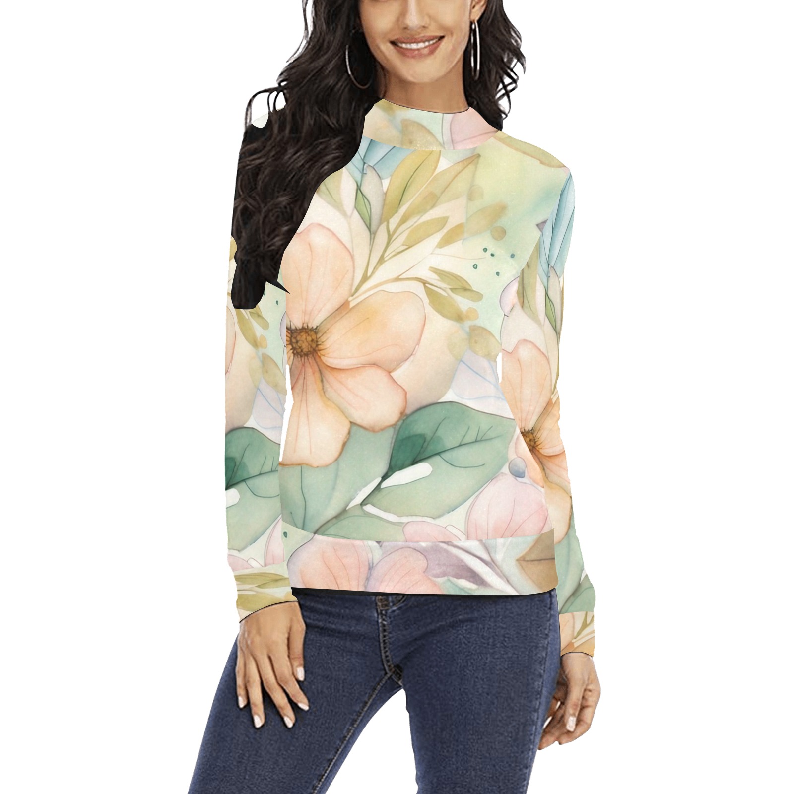 Watercolor Floral 1 Women's All Over Print Mock Neck Sweatshirt (Model H43)