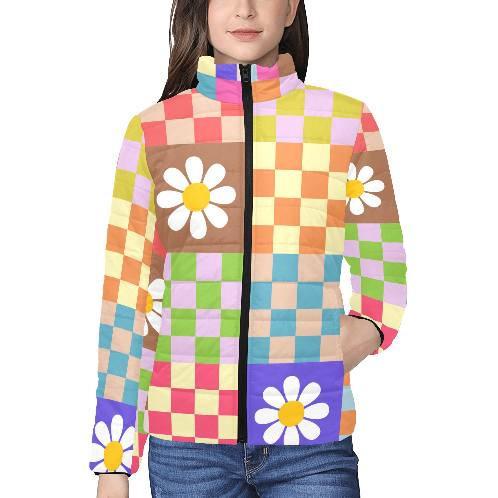 Mid Century Geometric Checkered Retro Floral Daisy Flower Pattern Women's Stand Collar Padded Jacket (Model H41)