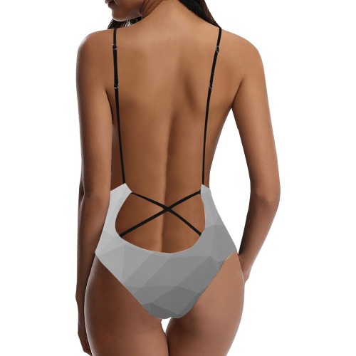 Grey Gradient Geometric Mesh Pattern Sexy Lacing Backless One-Piece Swimsuit (Model S10)