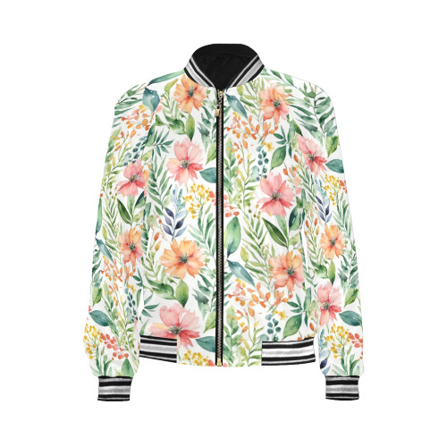 watercolor spring flowers pattern All Over Print Bomber Jacket for Women (Model H21)