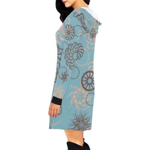 Abstract Spirals and Wheels on Blue All Over Print Hoodie Mini Dress (Model H27)