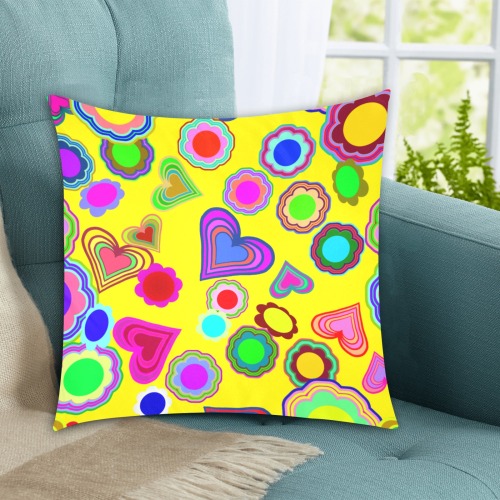 Groovy Hearts Flowers Pattern Yellow Custom Zippered Pillow Cases 18"x18" (Two Sides)